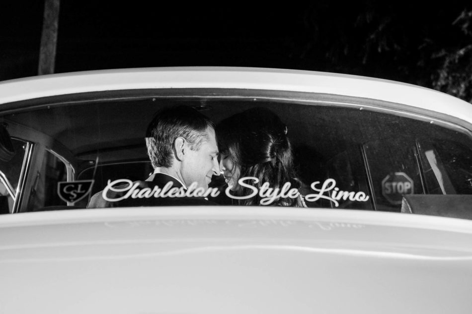 Bride and groom exit in vintage car, The Cedar Room, Charleston, South Carolina Kate Timbers Photography. http://katetimbers.com #katetimbersphotography // Charleston Photography // Inspiration