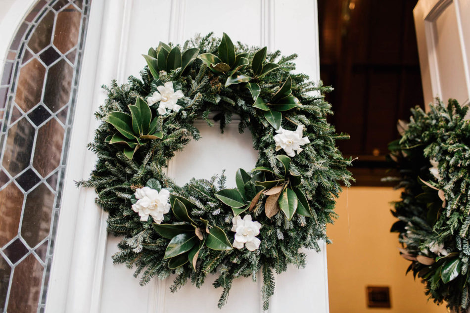 Wreaths accent white doors to chapel, St. Luke's Church, Charleston, South Carolina Kate Timbers Photography. http://katetimbers.com #katetimbersphotography // Charleston Photography // Inspiration