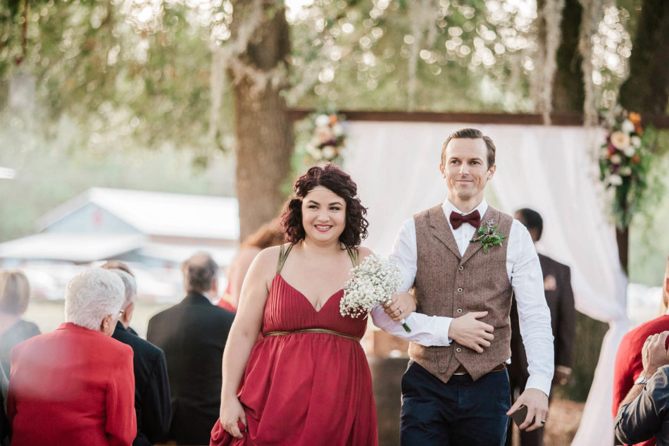 Bridesmaid and groomsman walk up the aisle, Boals Farm, Charleston, South Carolina Kate Timbers Photography. http://katetimbers.com #katetimbersphotography // Charleston Photography // Inspiration