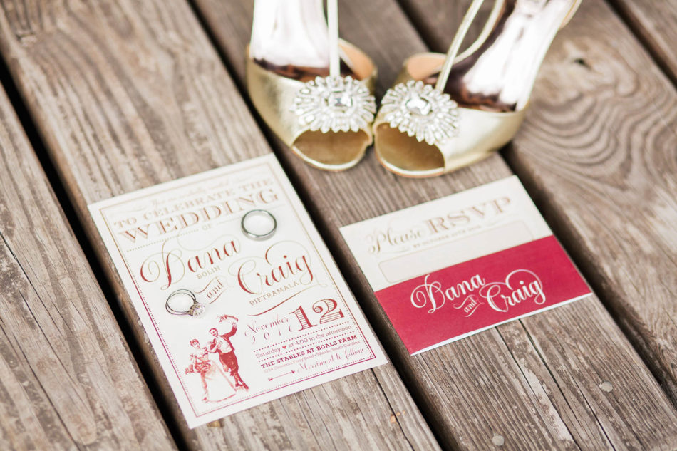 Bride's shoes and invitation sit on wooden floor, Boals Farm, Charleston, South Carolina Kate Timbers Photography. http://katetimbers.com #katetimbersphotography // Charleston Photography // Inspiration