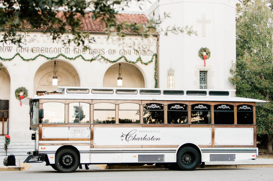 Wedding party get into Absolutely Charleston trolley at the Citadel, Charleston, South Carolina Kate Timbers Photography. http://katetimbers.com #katetimbersphotography // Charleston Photography // Inspiration