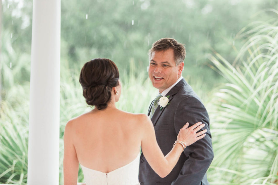 Bride and groom have first look, Isle of Palms, Charleston, SC, Hurricane Joaquin. Kate Timbers Photography. katetimbers.com