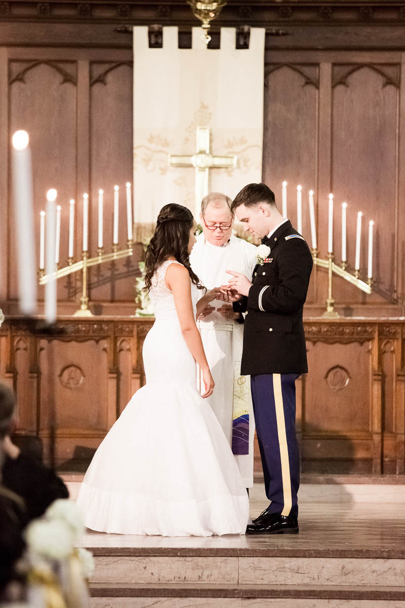 Bride and groom exchange vows, Citadel, Summerall Chapel, Charleston, South Carolina. Kate Timbers Photography. http://katetimbers.com