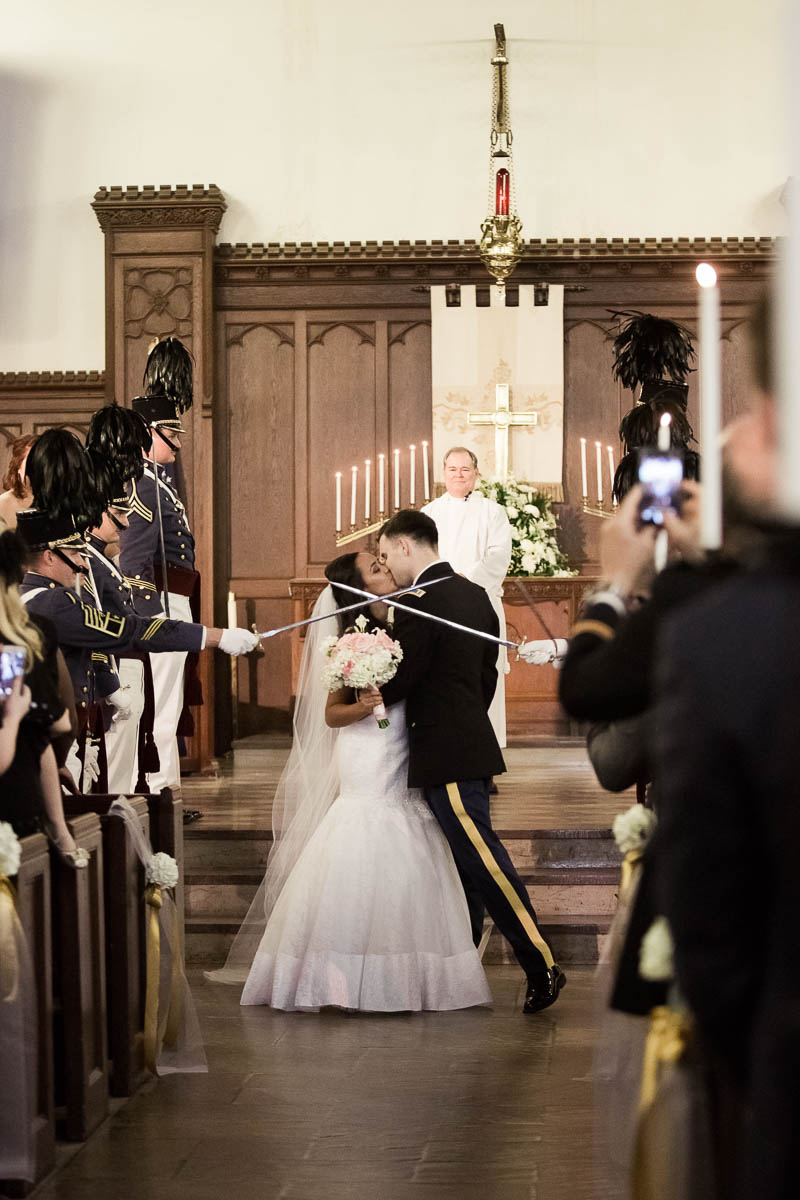 Bride and groom have sword exit, Citadel, Summerall Chapel, Charleston, South Carolina. Kate Timbers Photography. http://katetimbers.com