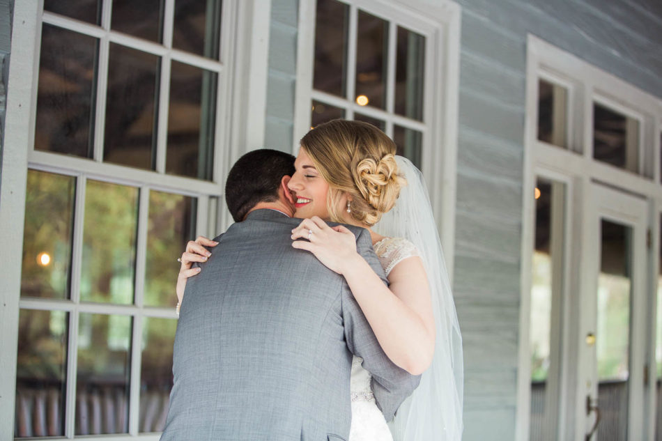 Bride and groom have first look, Alhambra Hall, Charleston, South Carolina. Kate Timbers Photography. http://katetimbers.com