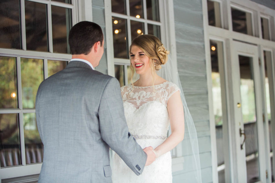 Bride and groom have first look, Alhambra Hall, Charleston, South Carolina. Kate Timbers Photography. http://katetimbers.com