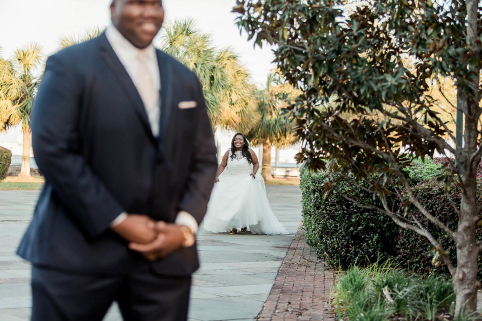 Bride and groom have first look, South Carolina Aquarium. Kate Timbers Photography. http://katetimbers.com