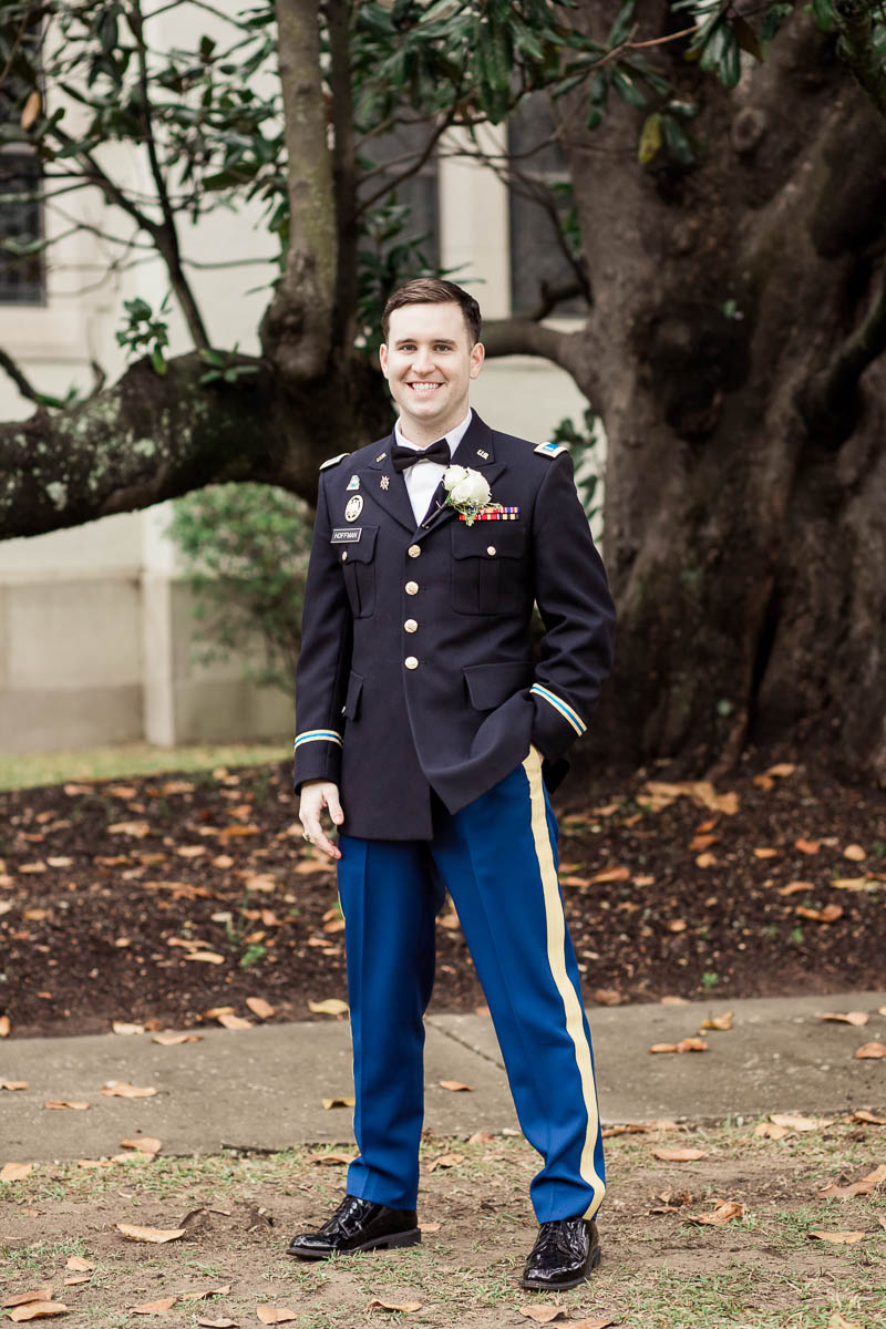 Groom poses for portrait, Citadel, Summerall Chapel, Charleston, South Carolina. Kate Timbers Photography. http://katetimbers.com