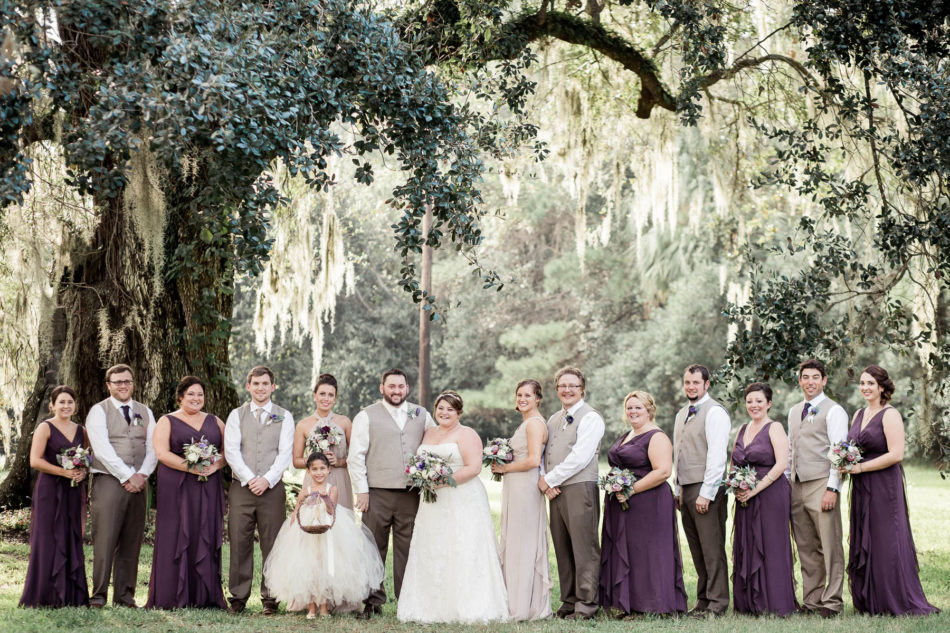 Wedding party stands under oak tree, Magnolia Plantation. Kate Timbers Photography. http://katetimbers.com