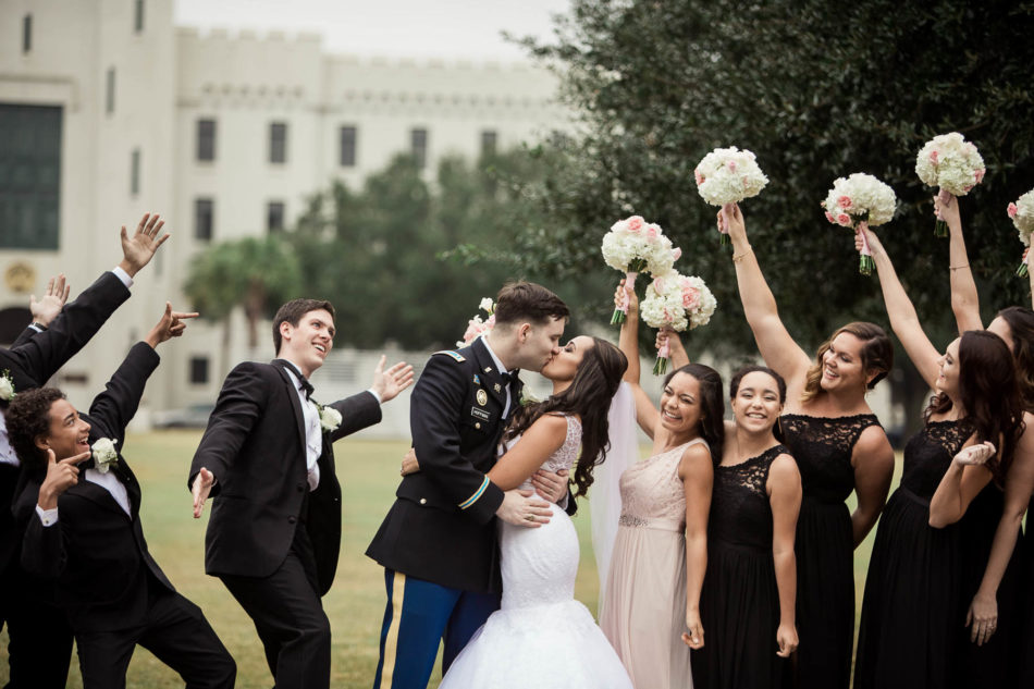Wedding party poses on the green, Citadel, Summerall Chapel, Charleston, South Carolina. Kate Timbers Photography. http://katetimbers.com