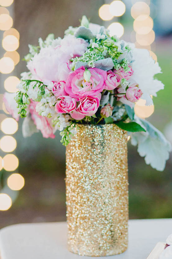 Flowers sit in glitter gold vase, by Wildflowers Inc, James Island Yacht Club, Charleston, South Carolina. Kate Timbers Photography. http://katetimbers.com