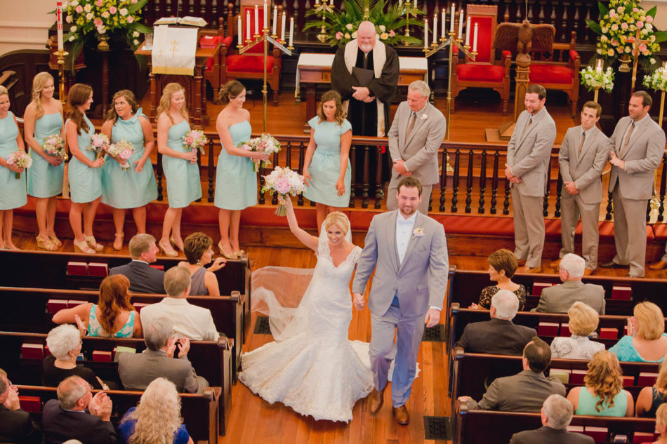 Bride and groom walk down aisle, Bethel United Methodist Church, Charleston, South Carolina. Kate Timbers Photography. http://katetimbers.com
