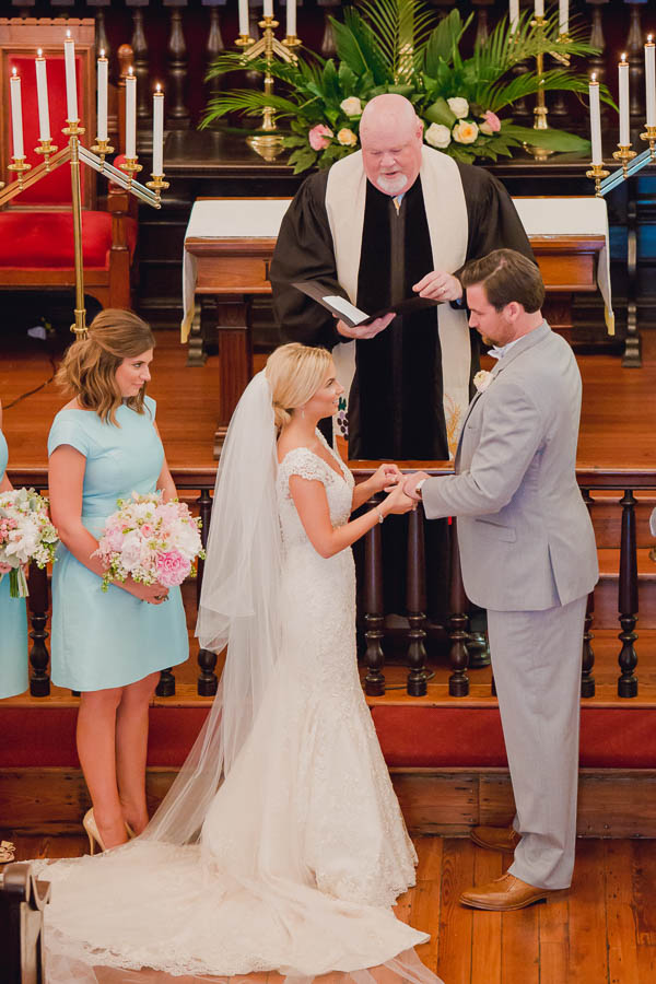 Bride and groom exchange rings, Bethel United Methodist Church, Charleston, South Carolina. Kate Timbers Photography. http://katetimbers.com