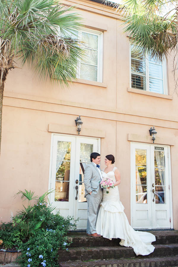 Bride and groom stand together, Jacob Bond House, Charleston, South Carolina. Kate Timbers Photography. http://katetimbers.com
