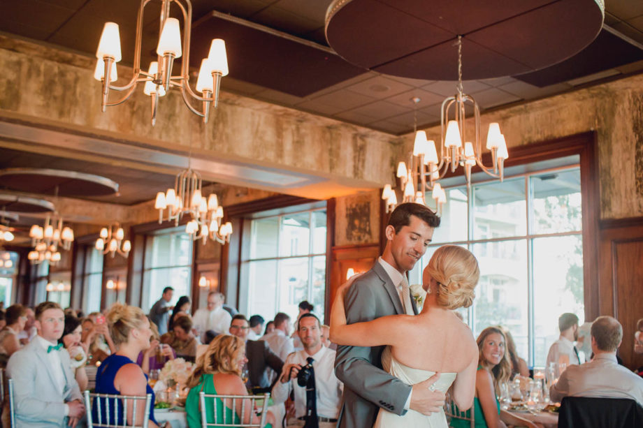 Bride and groom have first dance, Harborside East wedding, Mt Pleasant, South Carolina. Kate Timbers Photography. http://katetimbers.com