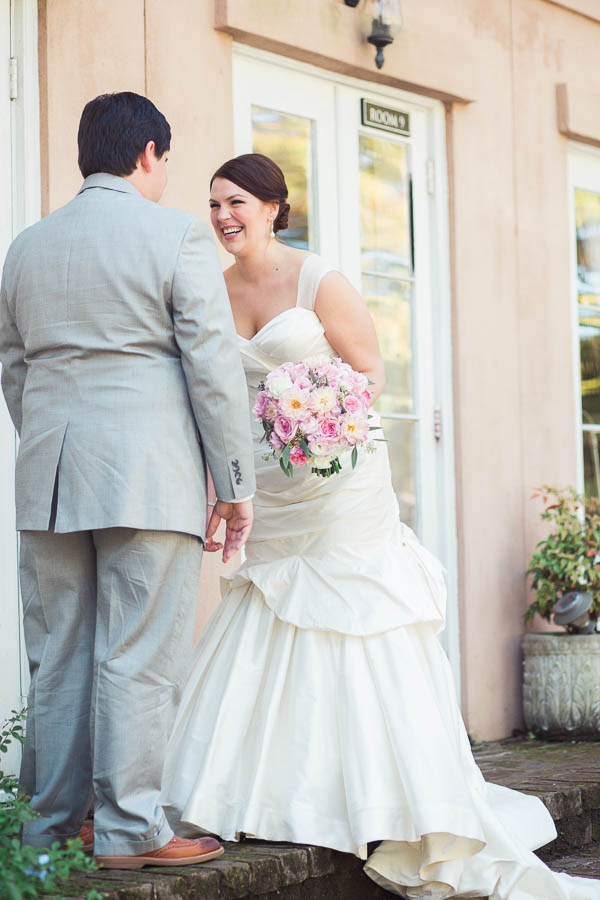 Groom and bride have first look, Jacob Bond House, Charleston, South Carolina. Kate Timbers Photography. http://katetimbers.com