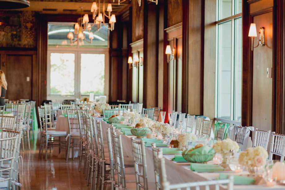 Tables are set up for reception, Harborside East, Mt Pleasant, South Carolina. Kate Timbers Photography. http://katetimbers.com