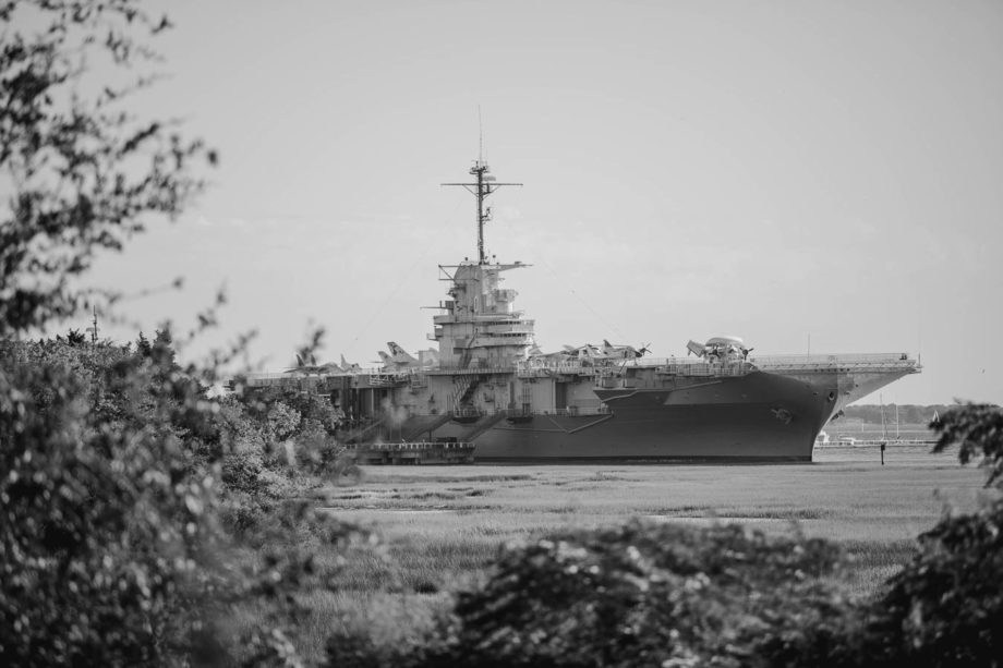 Uss Yorktown can be seen from ceremony site, Harborside East, Mt Pleasant, South Carolina. Kate Timbers Photography. http://katetimbers.com