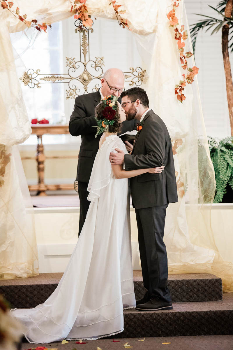 Bride and groom kiss, Christian Renewal Church, Hilton Head, South Carolina Kate Timbers Photography. http://katetimbers.com #katetimbersphotography // Charleston Photography // Inspiration