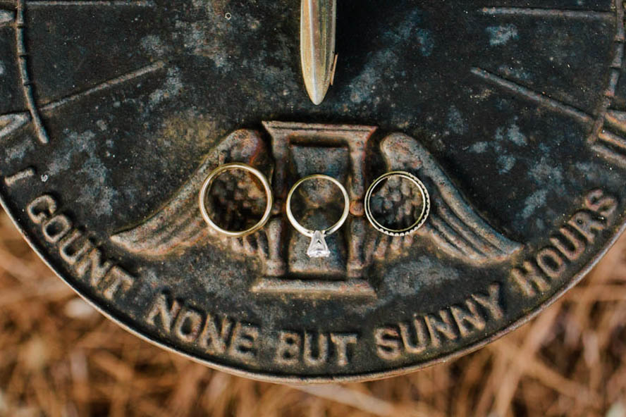 Rings rest on antique sundial, Oakland Plantation, Mt Pleasant, South Carolina Kate Timbers Photography. http://katetimbers.com #katetimbersphotography // Charleston Photography // Inspiration