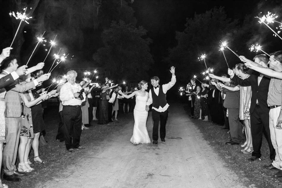 Bride and groom run down sparkler exit, Oakland Plantation, Mt Pleasant, South Carolina Kate Timbers Photography. http://katetimbers.com #katetimbersphotography // Charleston Photography // Inspiration