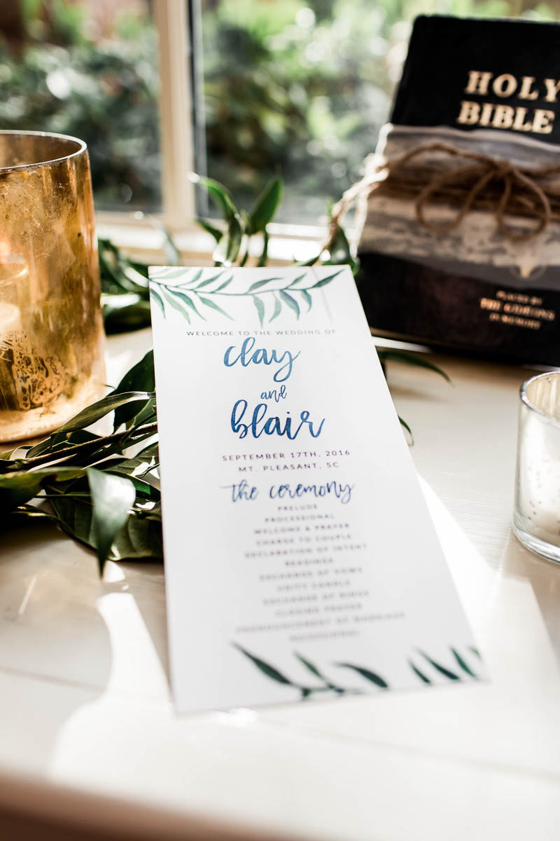 Program has fern accents, Coleman Hall, Mt Pleasant, South Carolina Kate Timbers Photography. http://katetimbers.com #katetimbersphotography // Charleston Photography // Inspiration