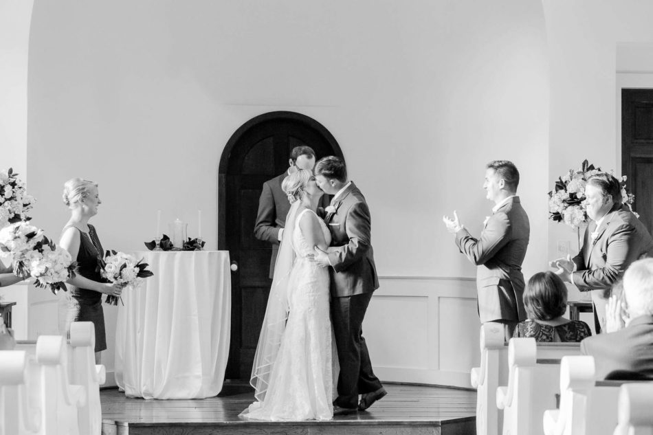 Bride and groom kiss, Coleman Hall, Mt Pleasant, South Carolina Kate Timbers Photography. http://katetimbers.com #katetimbersphotography // Charleston Photography // Inspiration