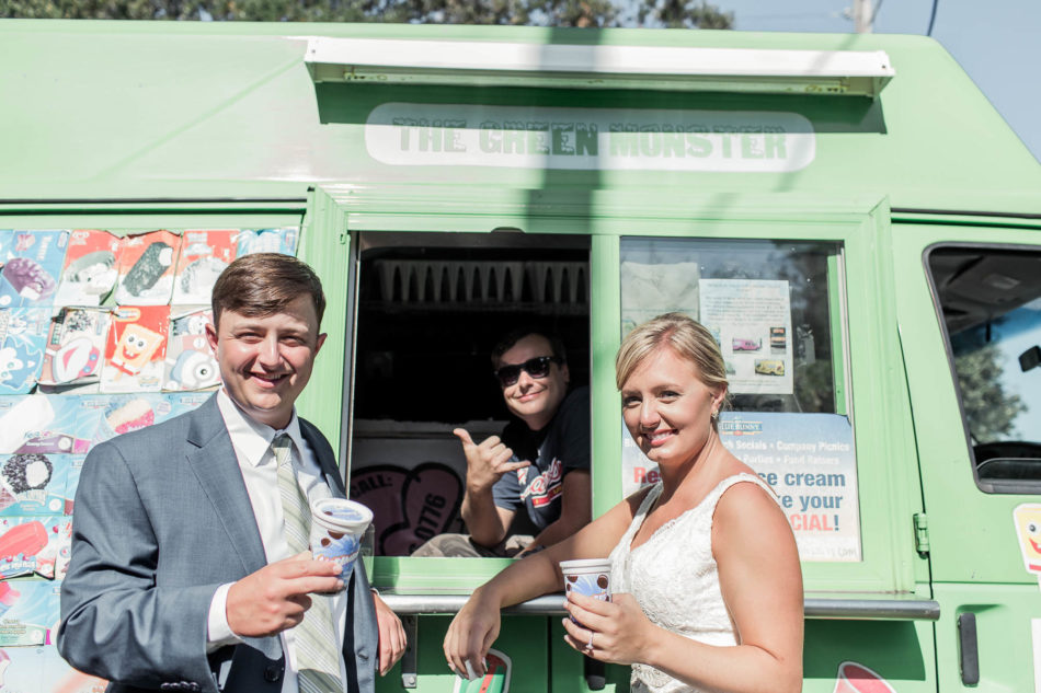 Bride and groom get a cone from the ice cream truck, Pitt St Bridge, Mt Pleasant, South Carolina Kate Timbers Photography. http://katetimbers.com #katetimbersphotography // Charleston Photography // Inspiration