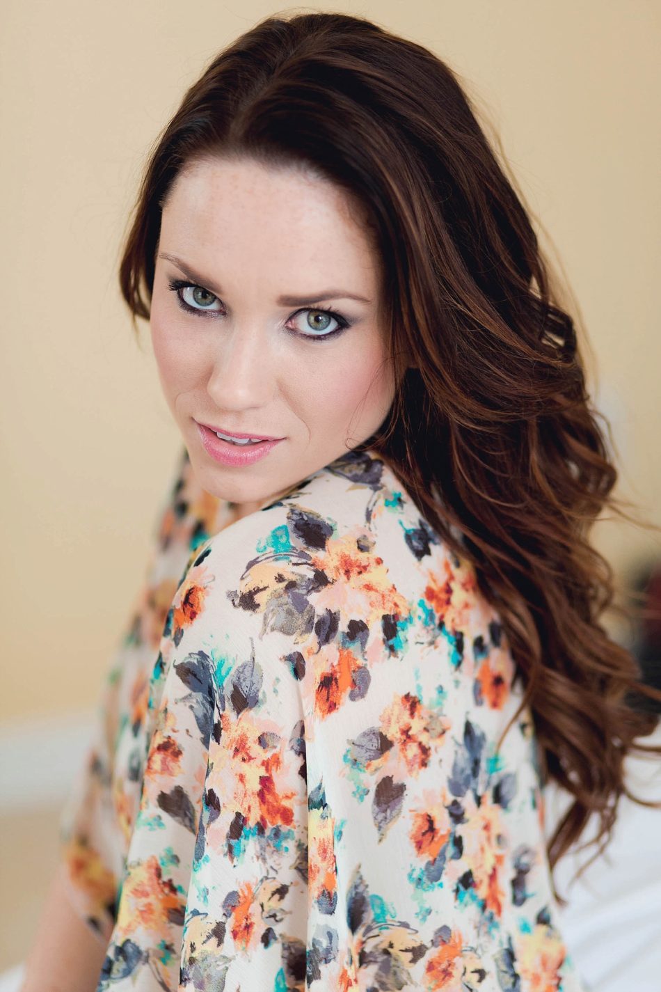 Ms L wears floral kimono over white lingerie in bed, Boudoir Photography, Charleston, SC Kate Timbers Photography. http://katetimbers.com #katetimbersphotography // Charleston Photography // Inspiration