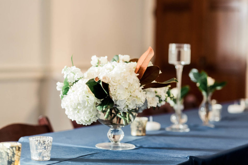Beautiful floral centerpieces are on each table, Coleman Hall, Mt Pleasant, South Carolina Kate Timbers Photography. http://katetimbers.com #katetimbersphotography // Charleston Photography // Inspiration