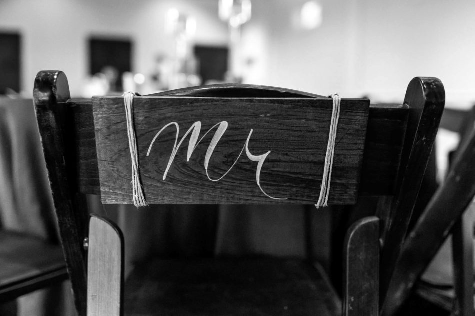 Rustic Mr and Mrs wooden signs are tied to bride and groom's chairs, Coleman Hall, Mt Pleasant, South Carolina Kate Timbers Photography. http://katetimbers.com #katetimbersphotography // Charleston Photography // Inspiration