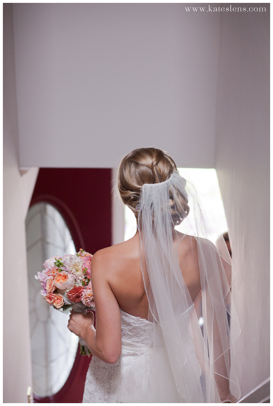 Kate's Lens Photography. Bride walking down stairs in Delaware.