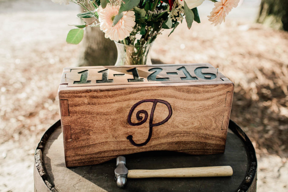 Wedding box with hammer sits at front of the aisle, Boals Farm, Charleston, South Carolina Kate Timbers Photography. http://katetimbers.com #katetimbersphotography // Charleston Photography // Inspiration