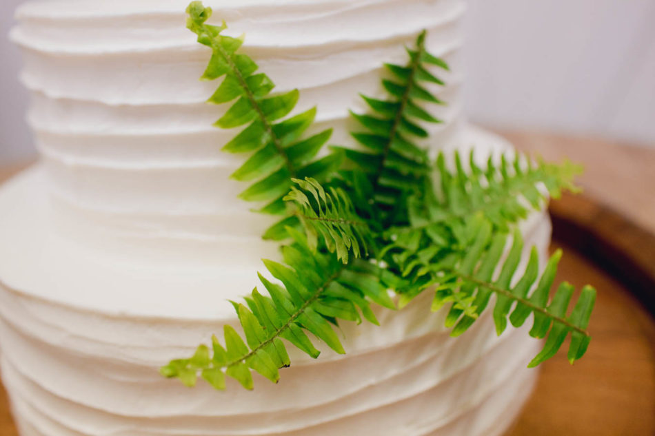 Simple white cake has fern as an accent, Old Wide Awake Plantation, Charleston, South Carolina. Kate Timbers Photography. katetimbers.com