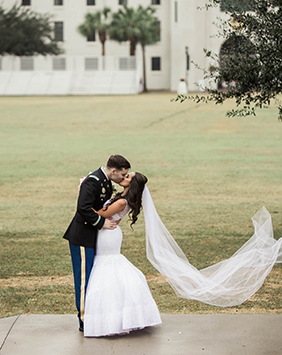 Bride and groom pose on the green, Citadel, Summerall Chapel, Charleston, South Carolina. Kate Timbers Photography. http://katetimbers.com