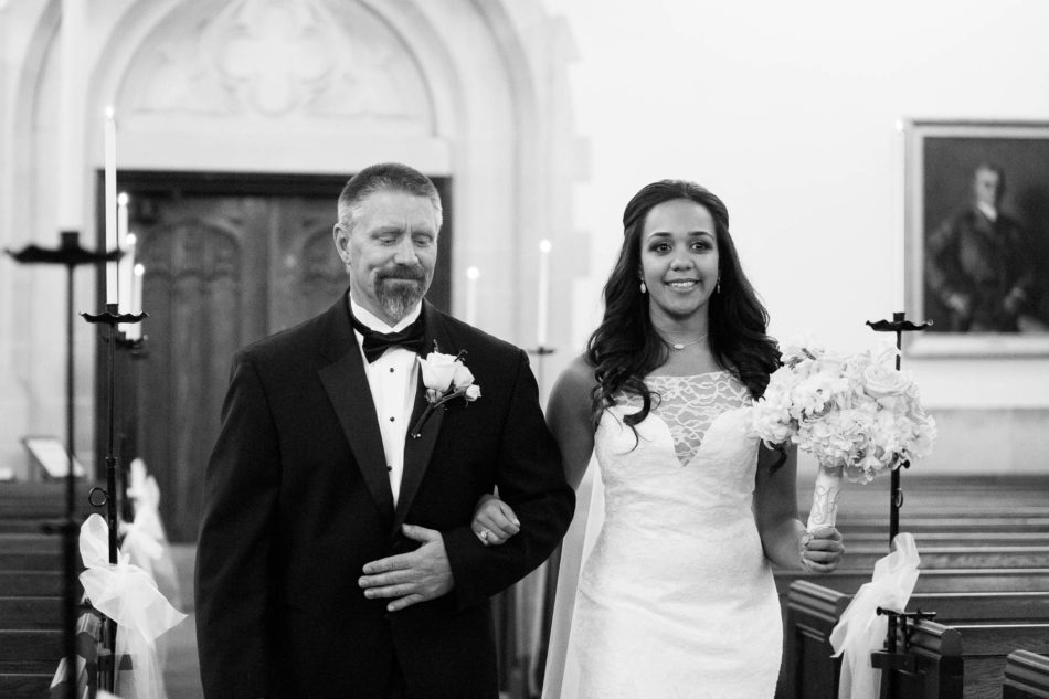 Bride and father walk up the aisle, Citadel, Summerall Chapel, Charleston, South Carolina. Kate Timbers Photography. http://katetimbers.com