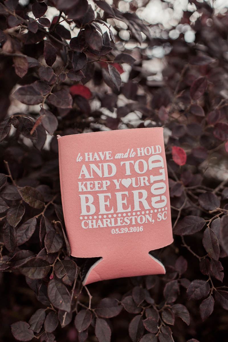 Custom coozies are given to guests, Stars Rooftop & Grill Room, Charleston, South Carolina. Kate Timbers Photography. http://katetimbers.com