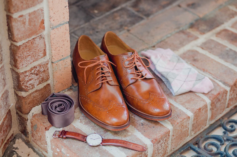 Groom's shoes, watch and tie is set on brick, College of Charleston Cistern, South Carolina. Kate Timbers Photography. http://katetimbers.com