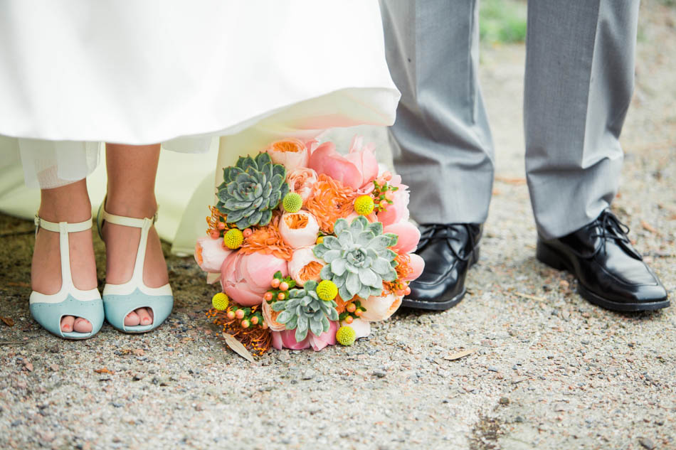 Bouquet is set between bride and groom's shoes, I'on Creek Club, Mt Pleasant, South Carolina. Kate Timbers Photography. http://katetimbers.com