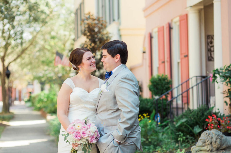 Bride and groom stand by "Rainbow Row" of I'on, Creek Club at I'on, Charleston, South Carolina. Kate Timbers Photography. http://katetimbers.com