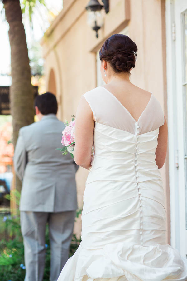 Groom and bride have first look, Jacob Bond House, Charleston, South Carolina. Kate Timbers Photography. http://katetimbers.com