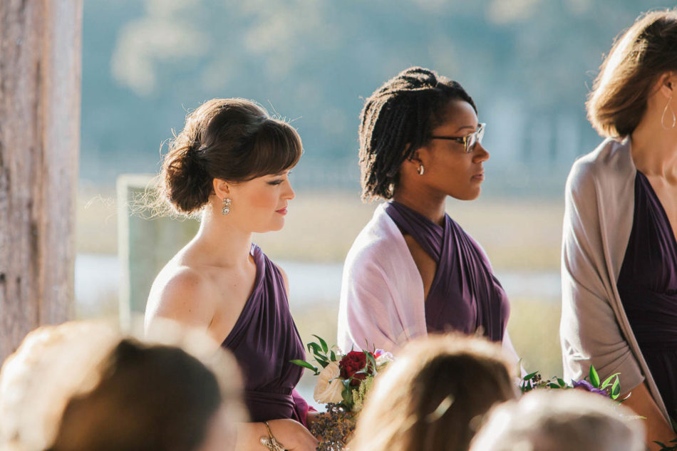 Bridesmaids stand in a row, Boone Hall Plantation, Charleston, South Carolina. Kate Timbers Photography. http://katetimbers.com #katetimbersphotography // Charleston Photography // Inspiration