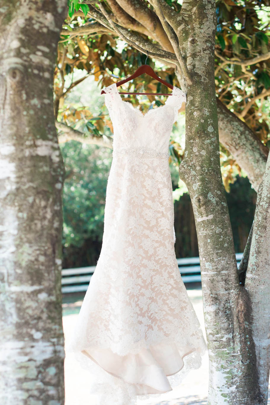 Wedding dress hangs off of tree branch, Alhambra Hall, Mt Pleasant, South Carolina Kate Timbers Photography. http://katetimbers.com #katetimbersphotography // Charleston Photography // Inspiration