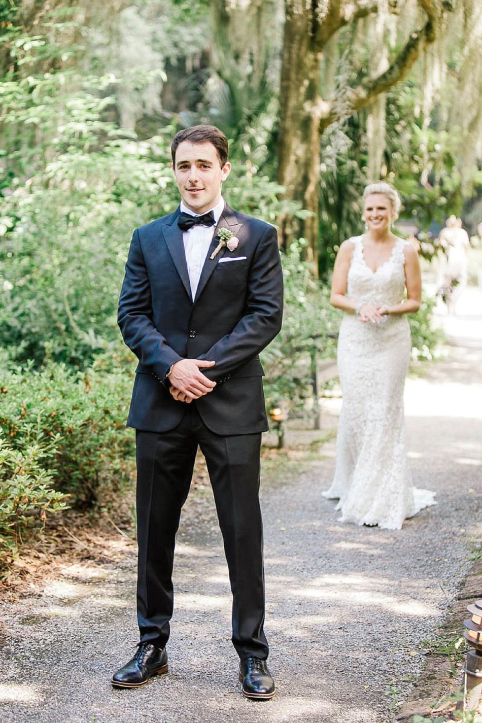 Bride and groom have first look, Magnolia Plantation, Charleston, South Carolina Kate Timbers Photography. http://katetimbers.com #katetimbersphotography // Charleston Photography // Inspiration