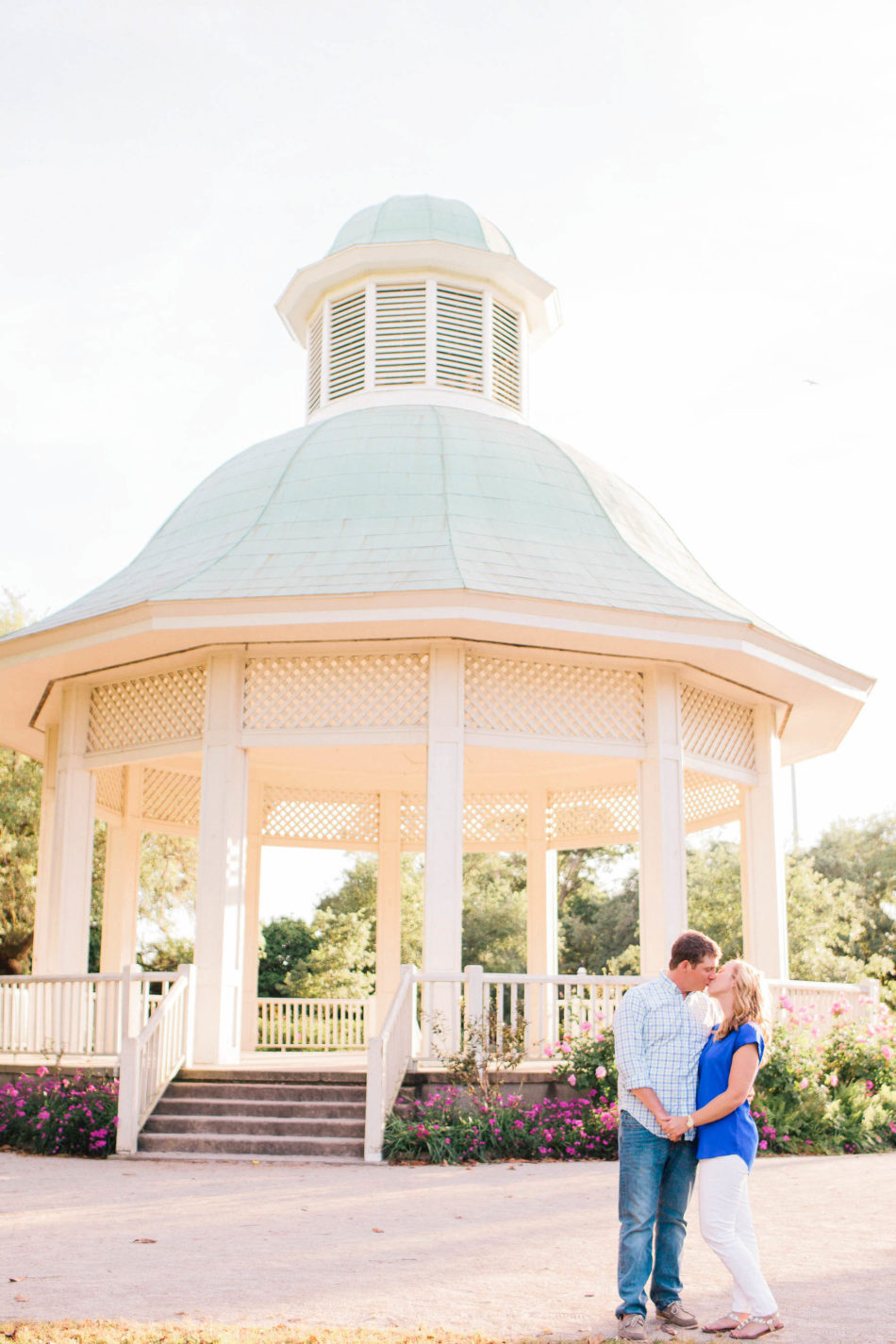 Engaged couple stands by the gazebo, Hampton Park, Charleston, South Carolina Kate Timbers Photography. http://katetimbers.com #katetimbersphotography // Charleston Photography // Inspiration